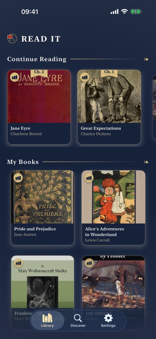 The Read It library, showing classic books such as Jane Eyre and Pride and Prejudice